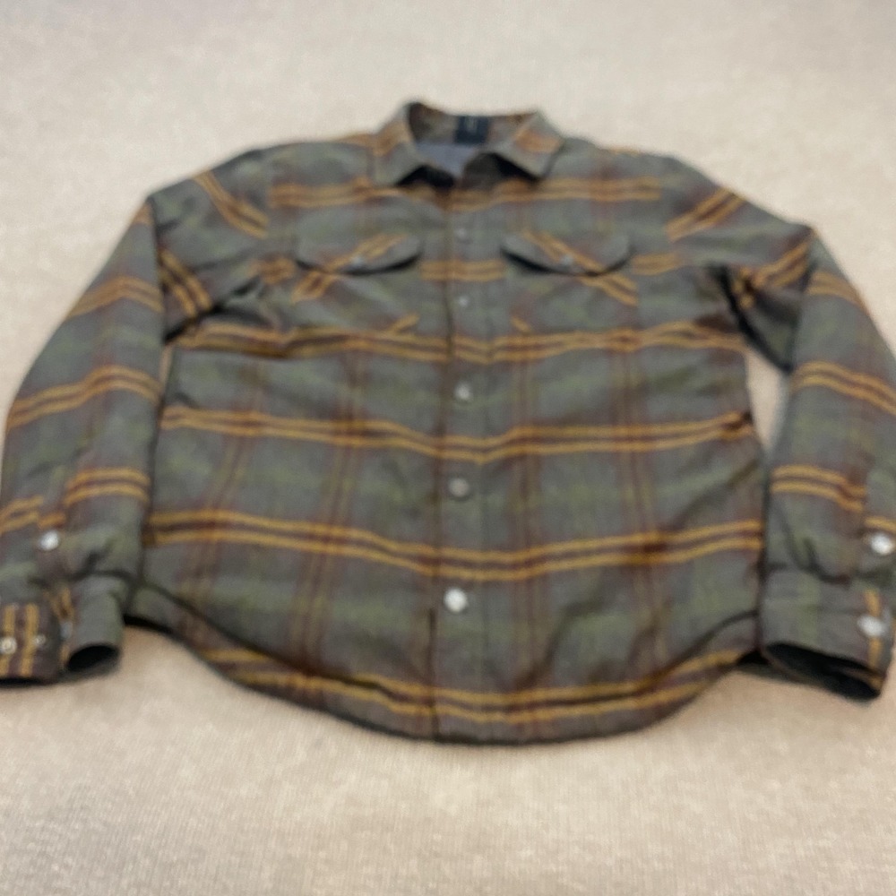 PrAna Jacket Mens Small Gray Plaid Wool Flannel Down Lined Snap Front Outdoor